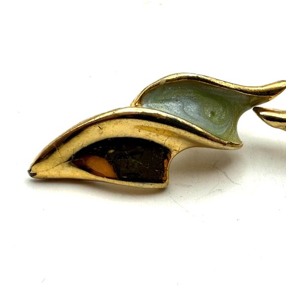 Vintage Gold Tone Abstract Wave Stud Earrings Faux Stone Modernist Estate Jewelr - Picture 7 of 7